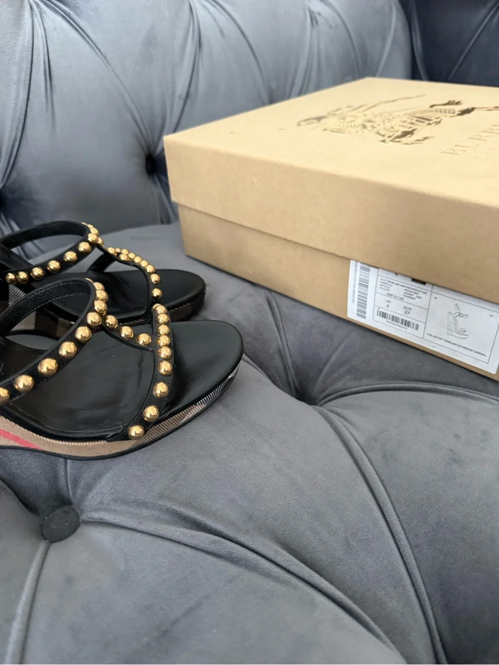 Worn Once! Burberry Black Strappy Studded Check Wedge Sandals
